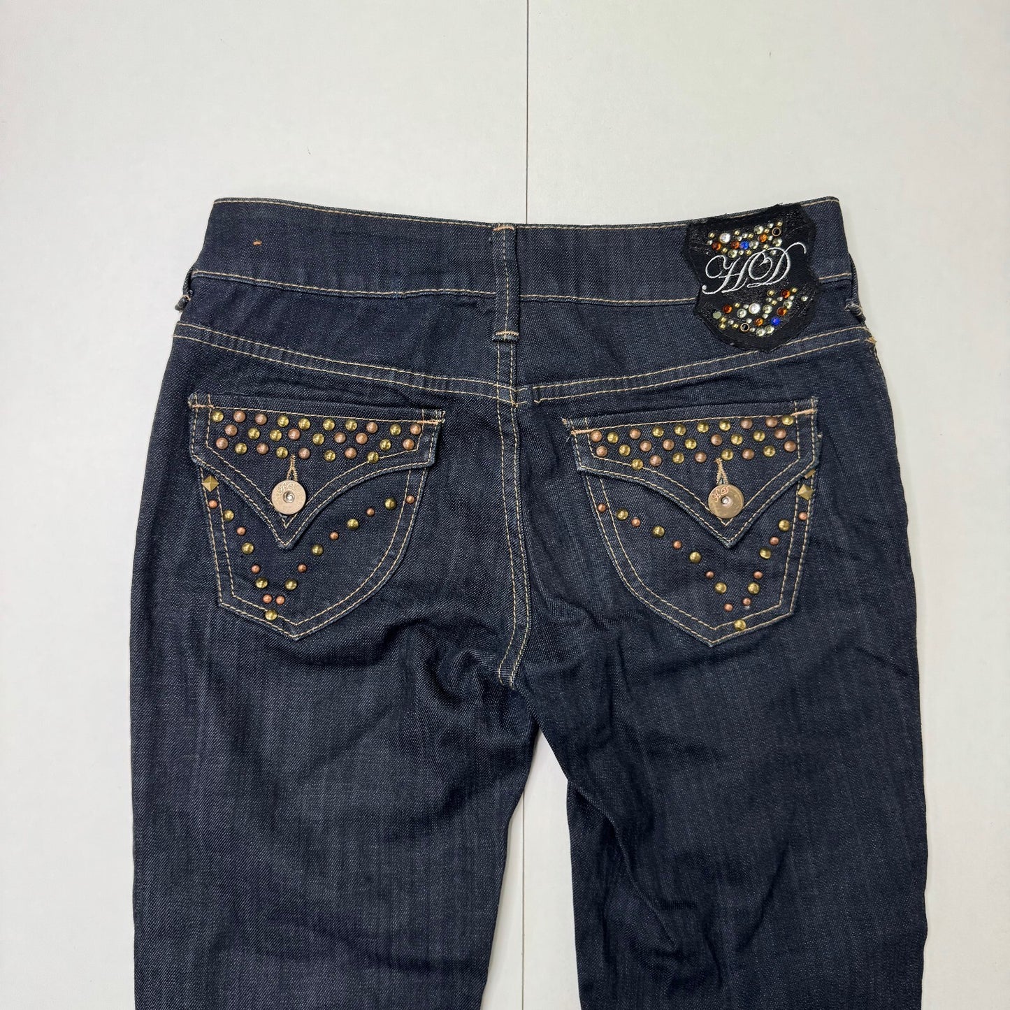 Y2K vintage low rise straight leg jeans dark blue denim wash studded cargo