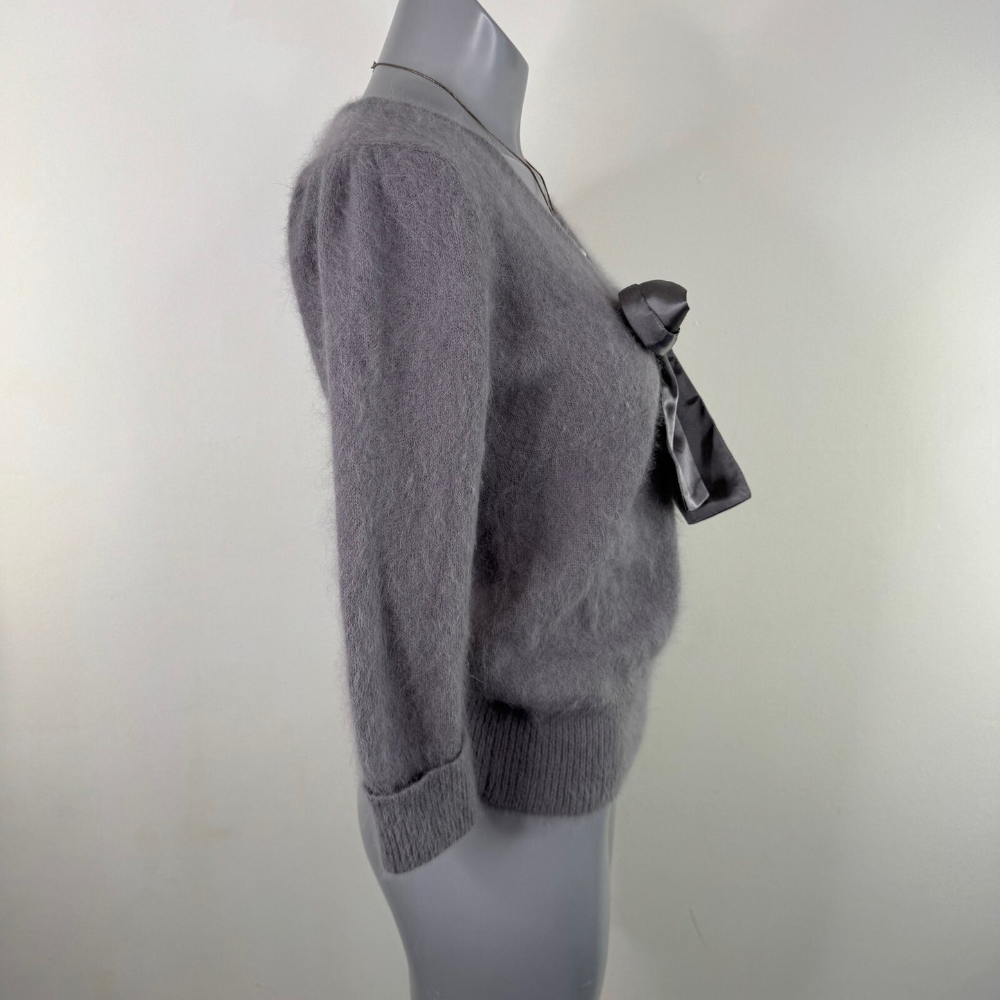 Y2K vintage angora blend jumper 3/4 sleeve knit v neck big bow grey coquette