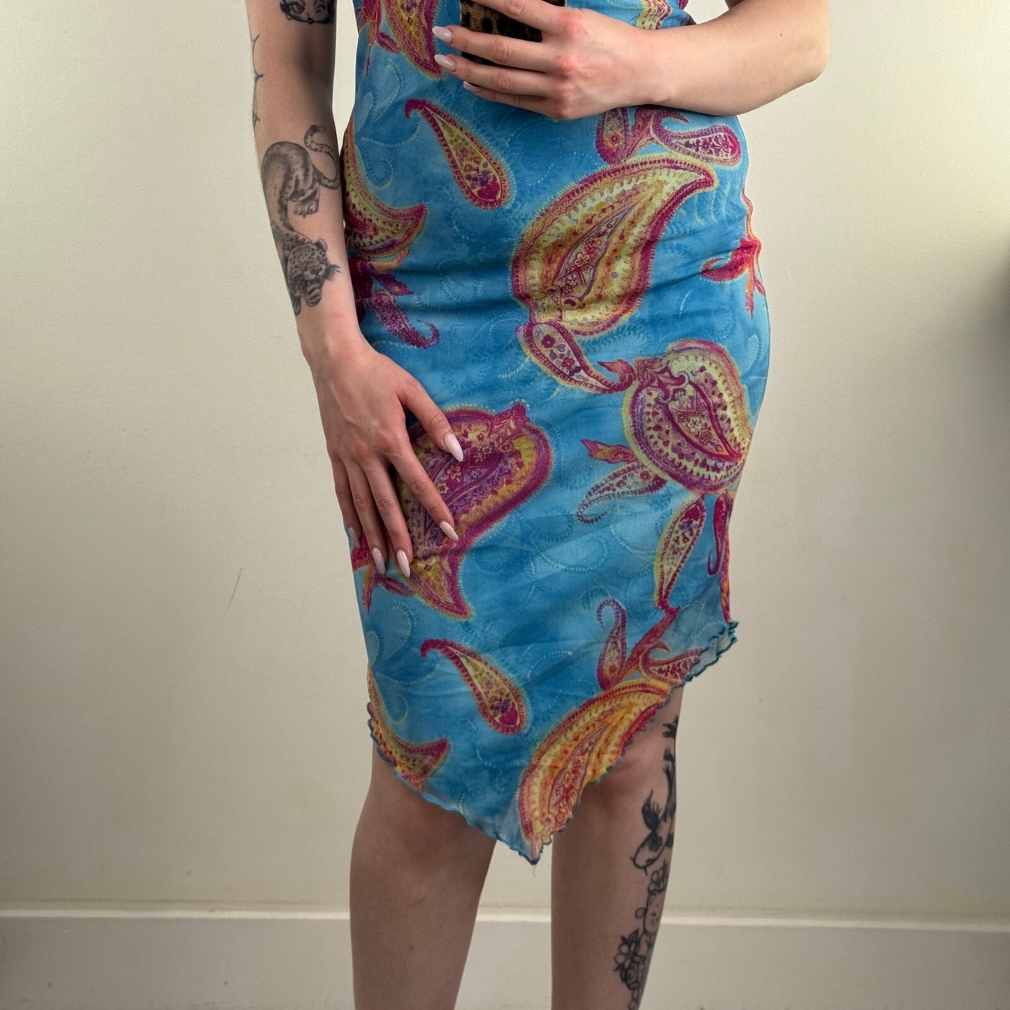 Y2K vintage paisley print midi dress asymmetrical hem halter neck mesh overlay