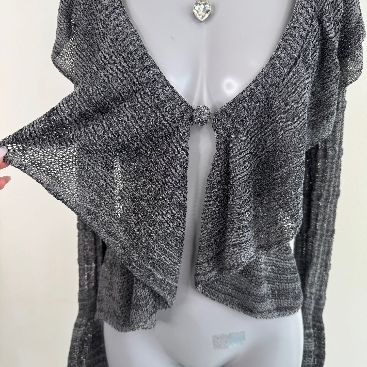 Y2K vintage fine knit cardigan frilly flare sleeve ruffle marl grey sheer v neck
