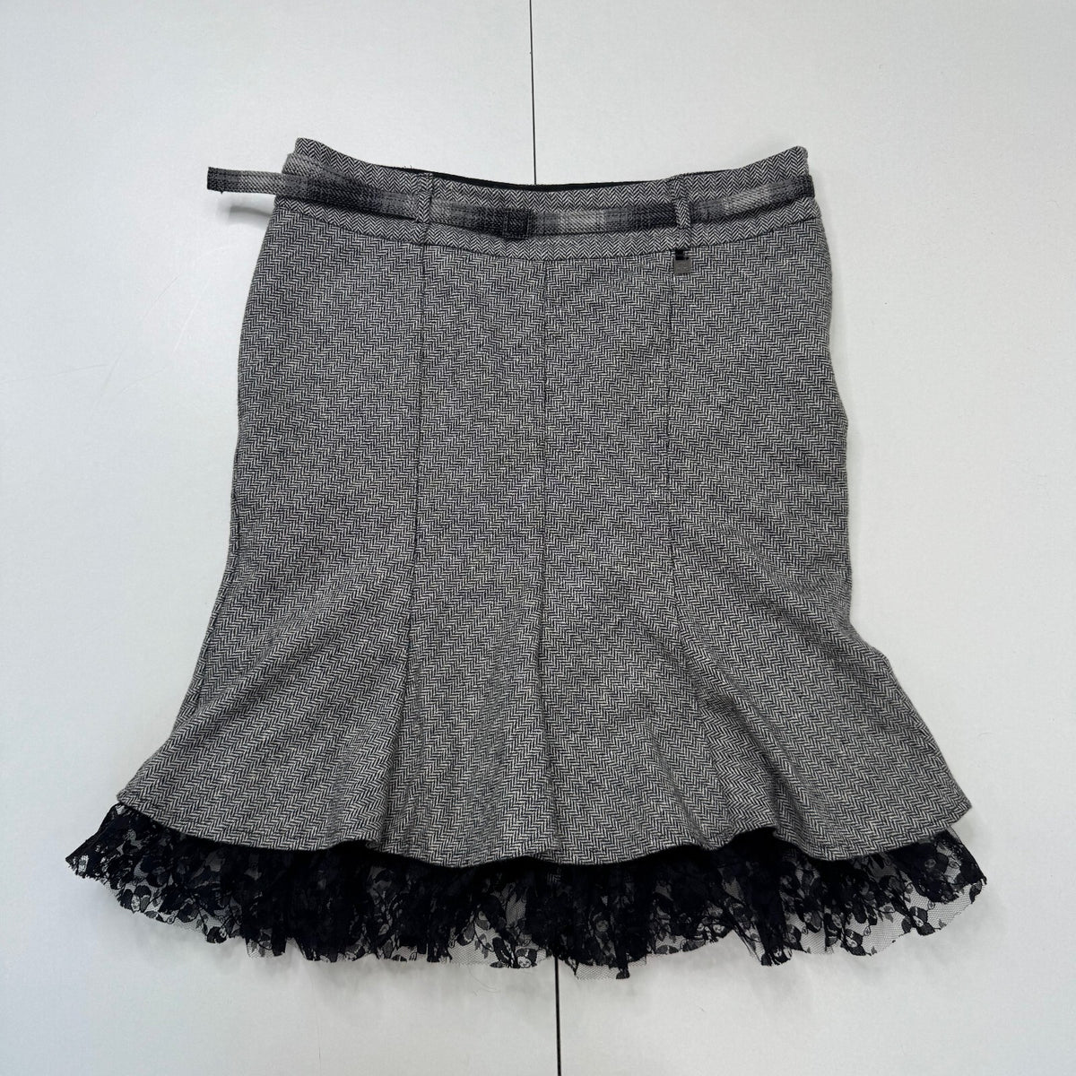 Y2K vintage midi skirt silk wool blend lace trim herringbone tweed a line