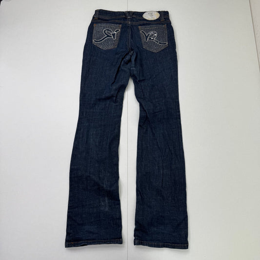 Y2K vintage Rocawear low rise bootcut denim jeans dark denim wash embroidered