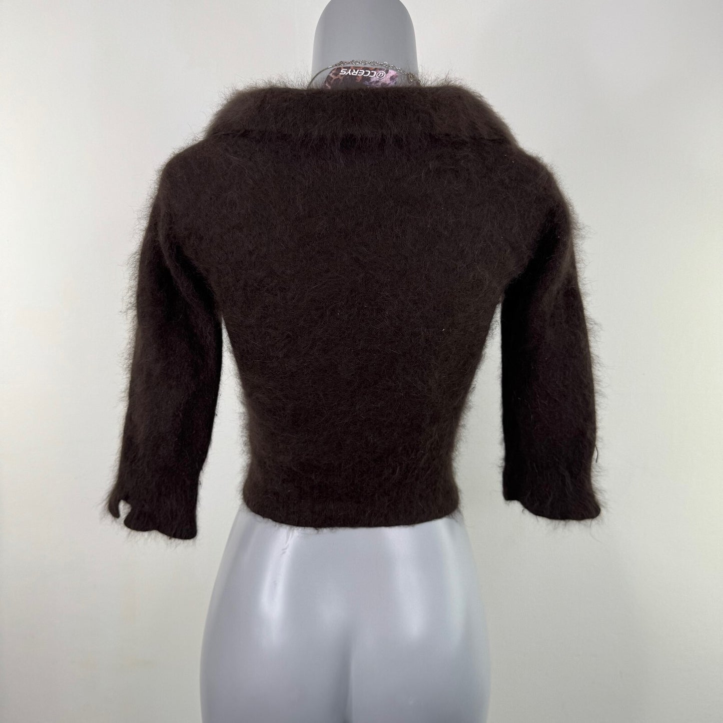 Y2K vintage angora blend cardigan button up v neck collared 3/4 sleeve crop knit