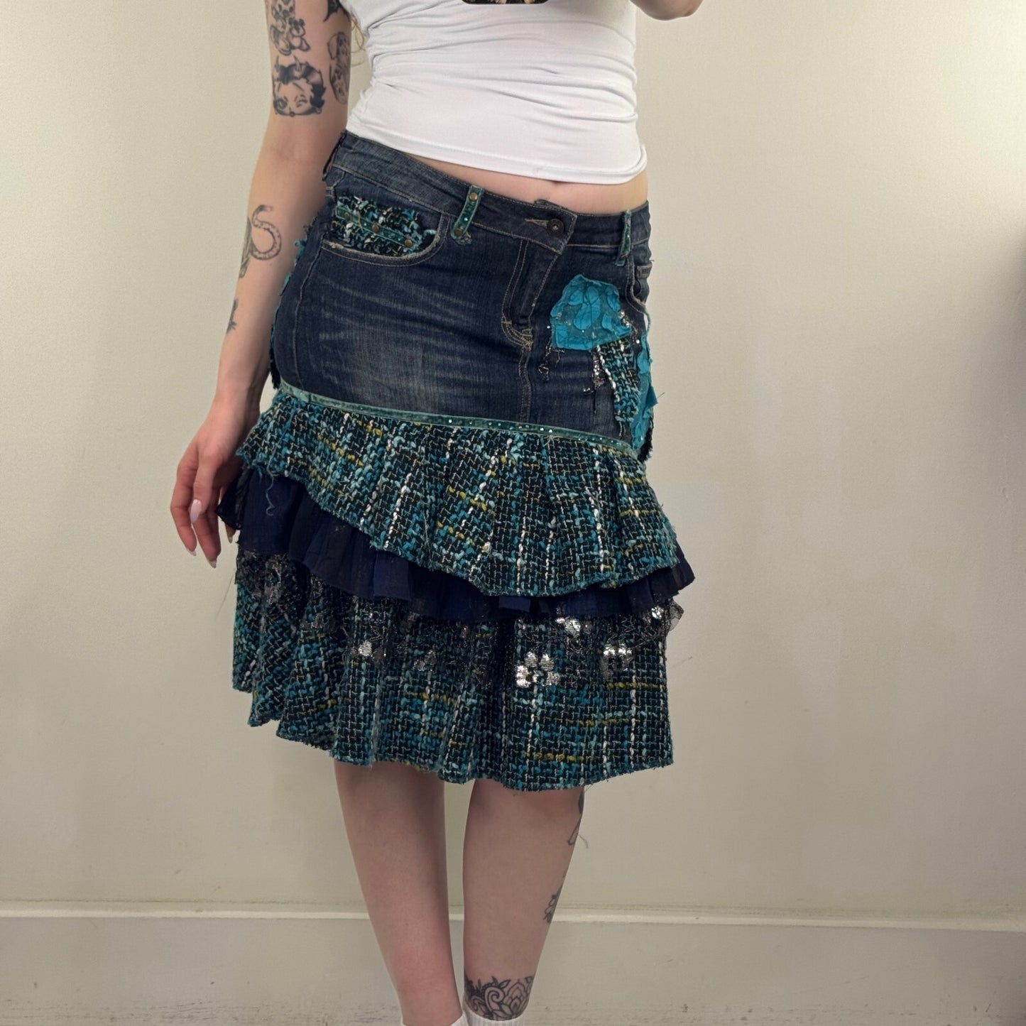Y2K vintage midi skirt denim tartan patchwork tiered floral layered boho faded