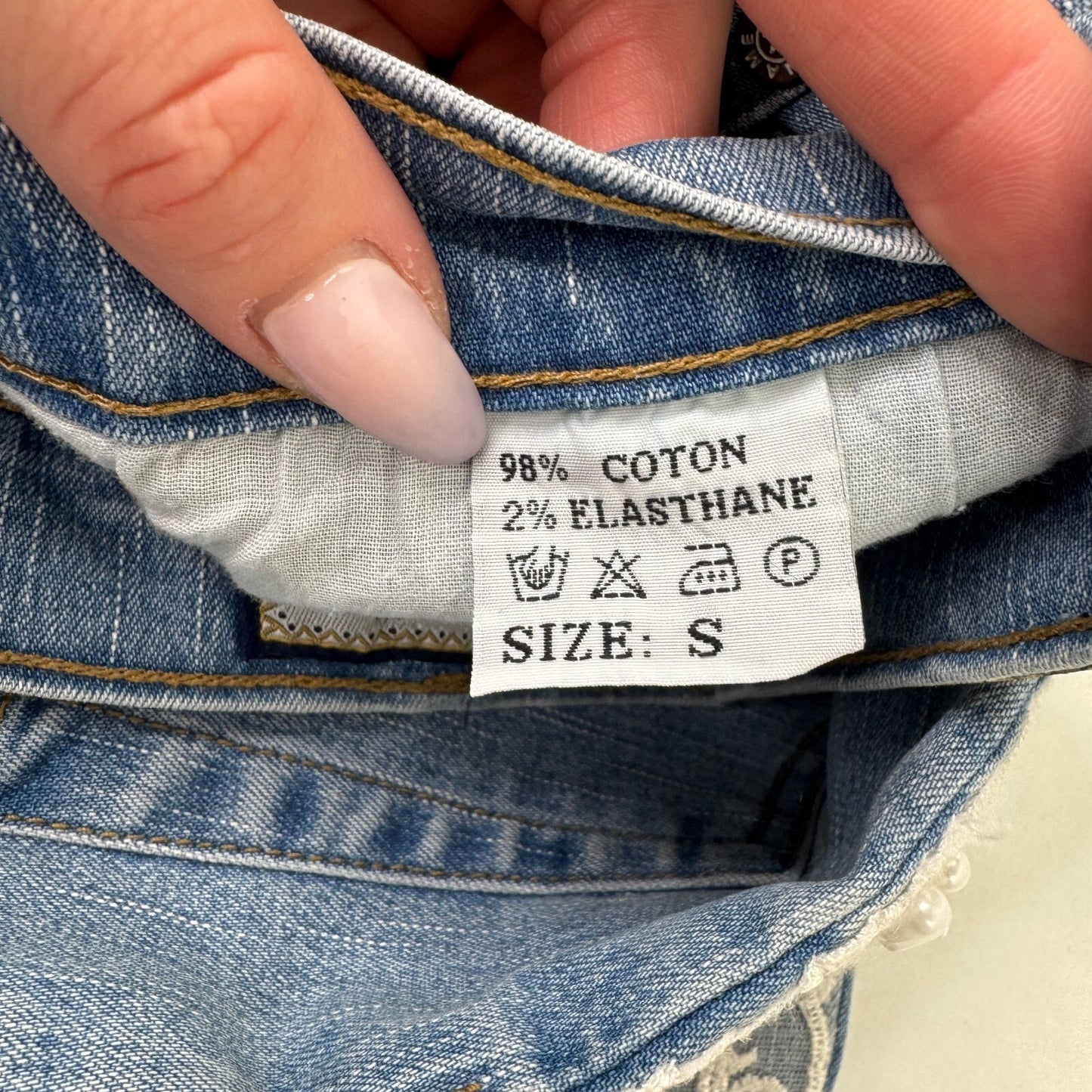 Y2K vintage bootcut denim jeans lace trim detail coquette beaded mid rise