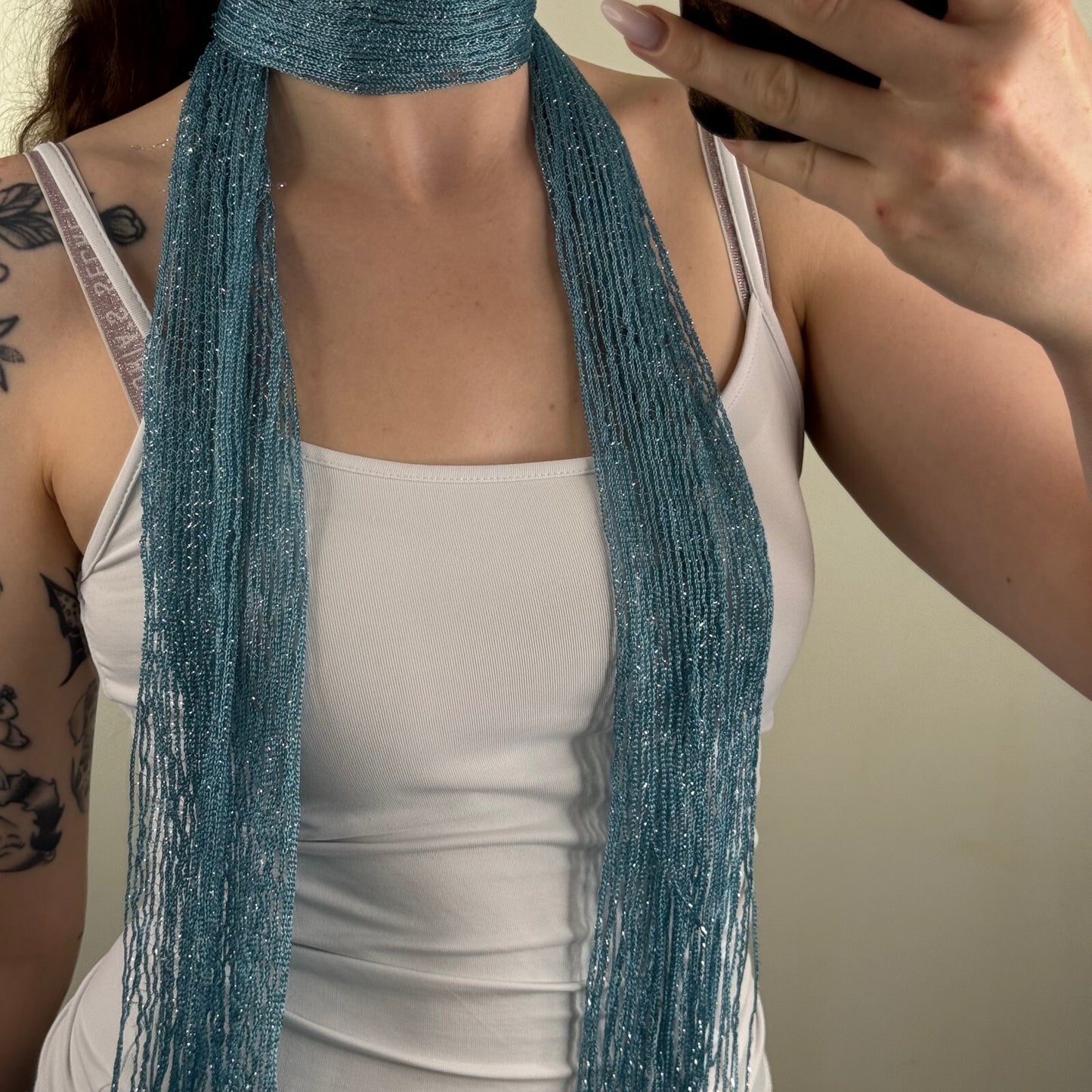 Y2K vintage scarf skinny thin sheer fine knit light blue fringe sparkly glitter