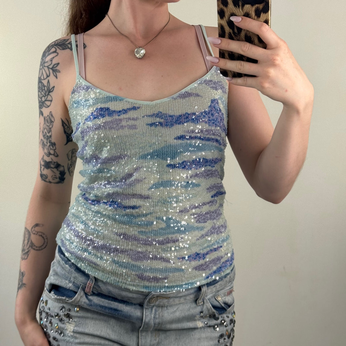 Y2K vintage cami top sequin tiger pattern mesh embellished party going out blue