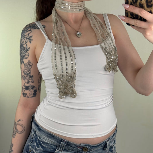 Y2K vintage scarf sheer mesh sequin butterfly short silver embellished