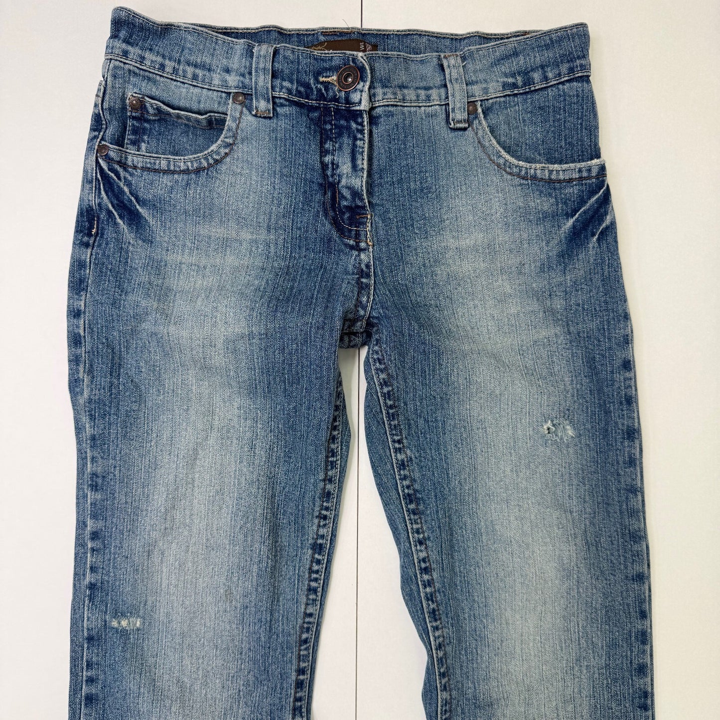 Y2K vintage bootcut denim jeans stretchy faded mid blue distressed