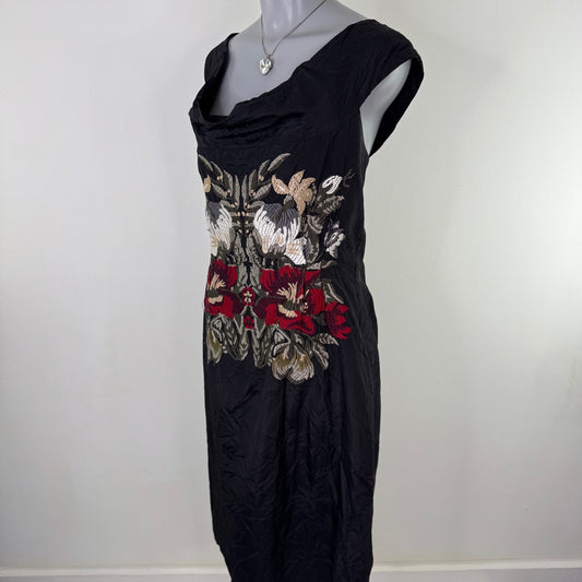Vintage Nicole Farhi 100% silk midi dress embroidered floral cowl neckline