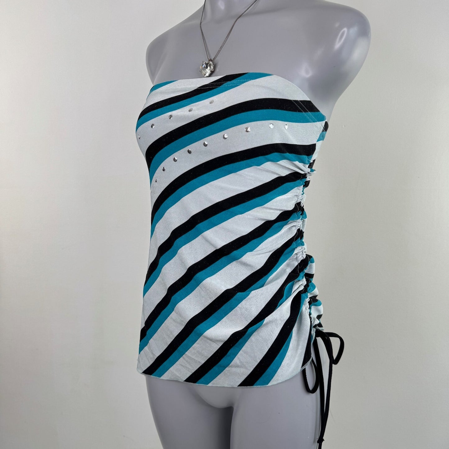 Y2K vintage strapless top slinky studded stripe ruched side bow stretchy