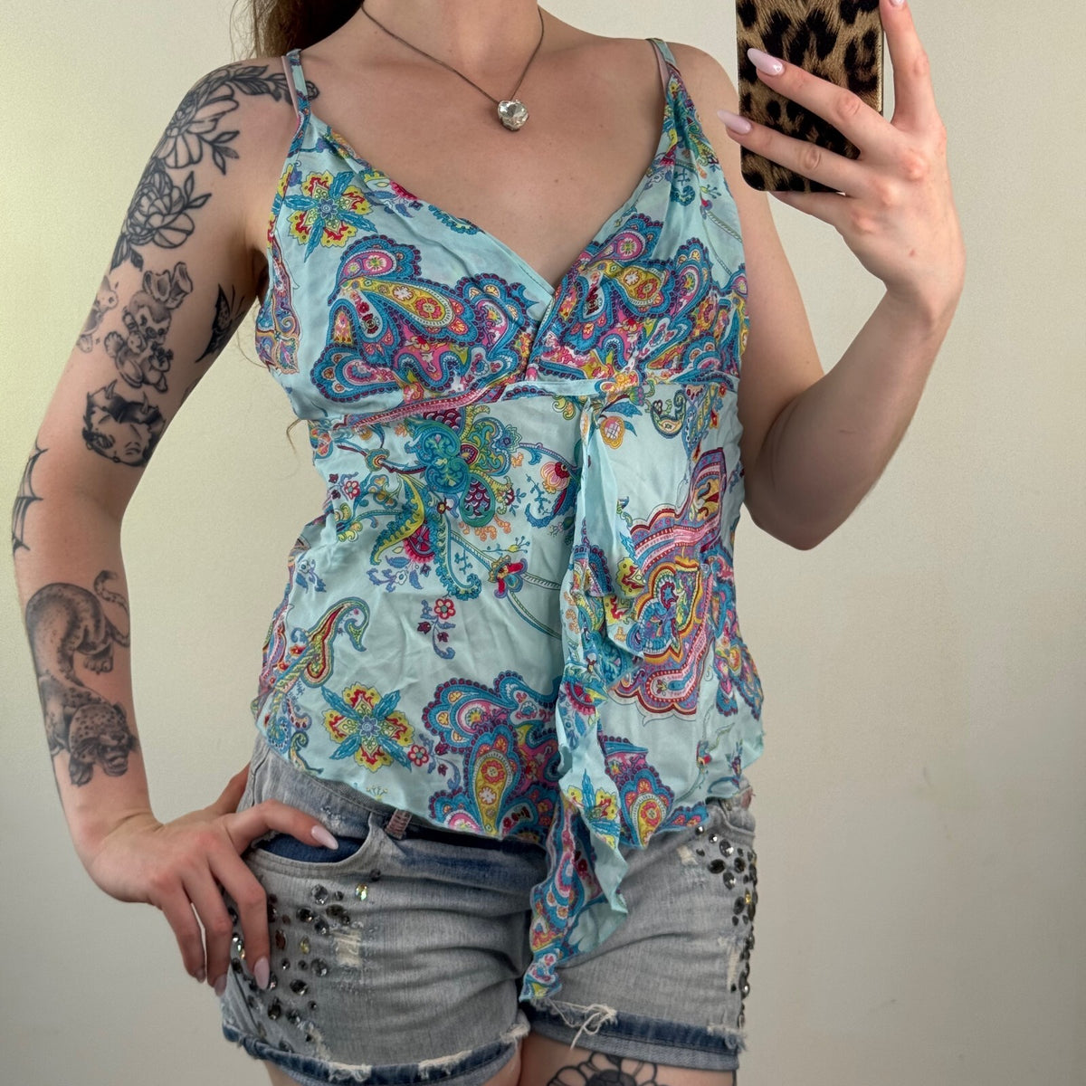 Y2K vintage paisley cami top ruffle multi light blue print v neck turquoise
