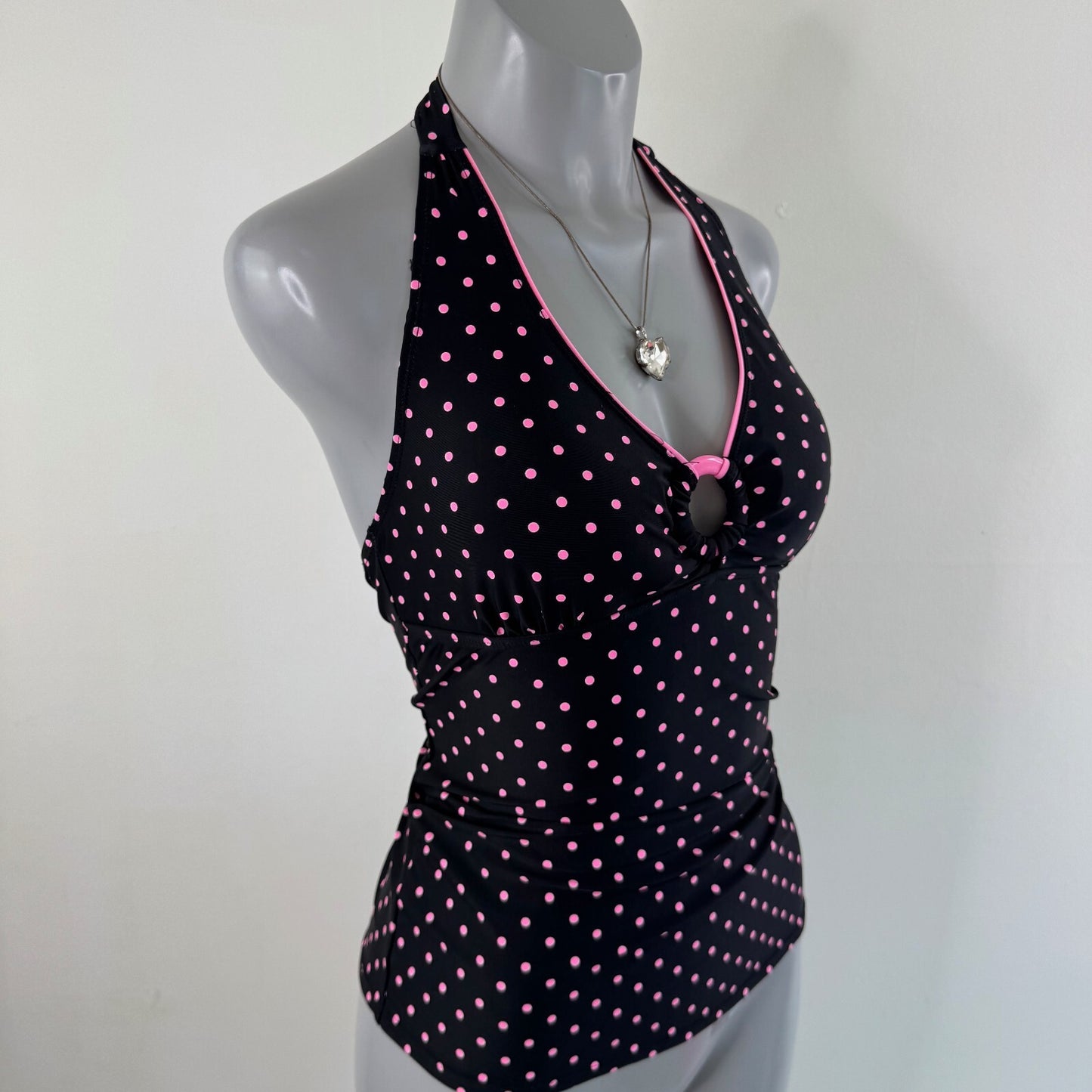 Y2K vintage tankini top o ring polka dot black pink bow v neck