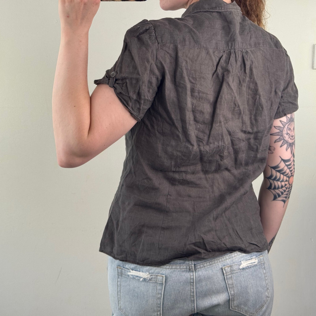 Y2K vintage linen blouse button up dark brown shirt short sleeve lightweight