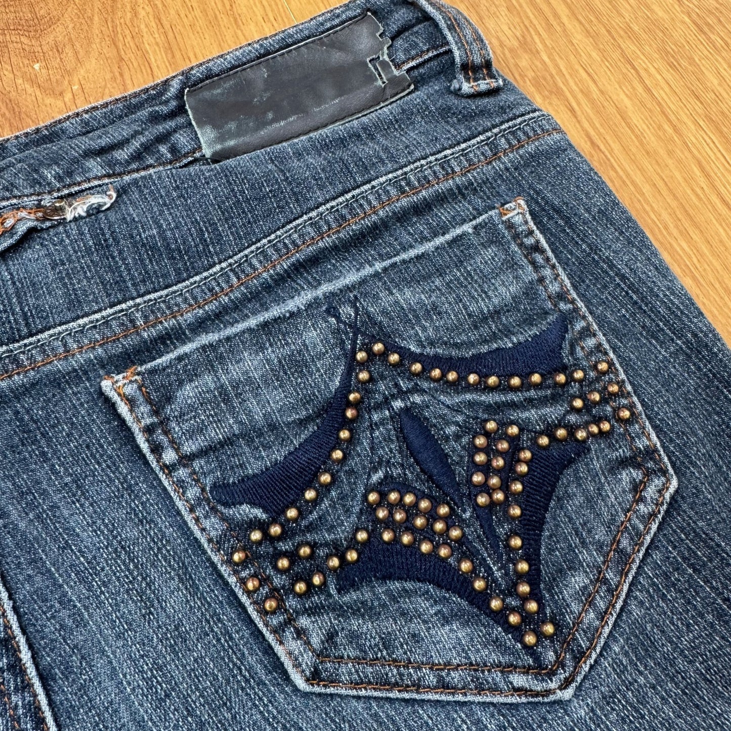 Y2K vintage bootcut denim jeans low rise dark faded wash studded embroidered