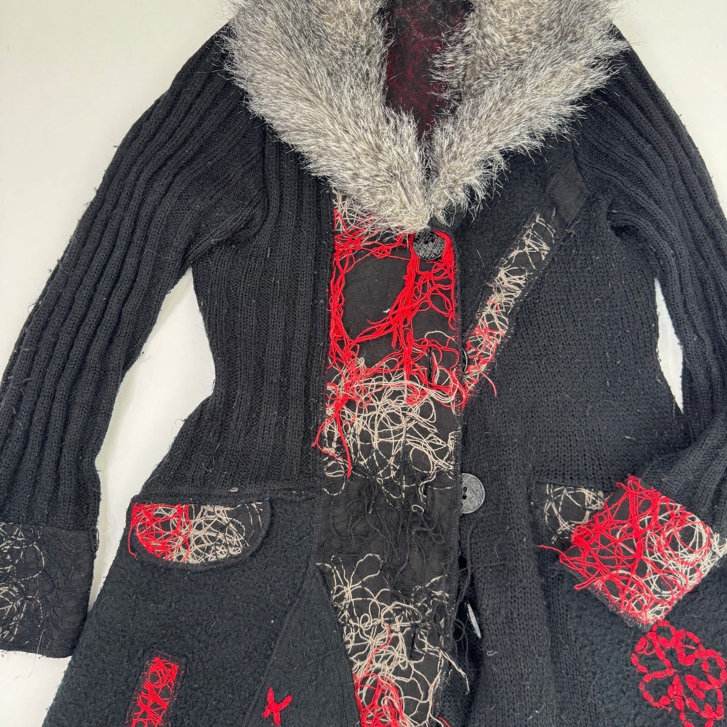 Y2K vintage cardigan wool blend chunky knit faux fur trim collar long floral