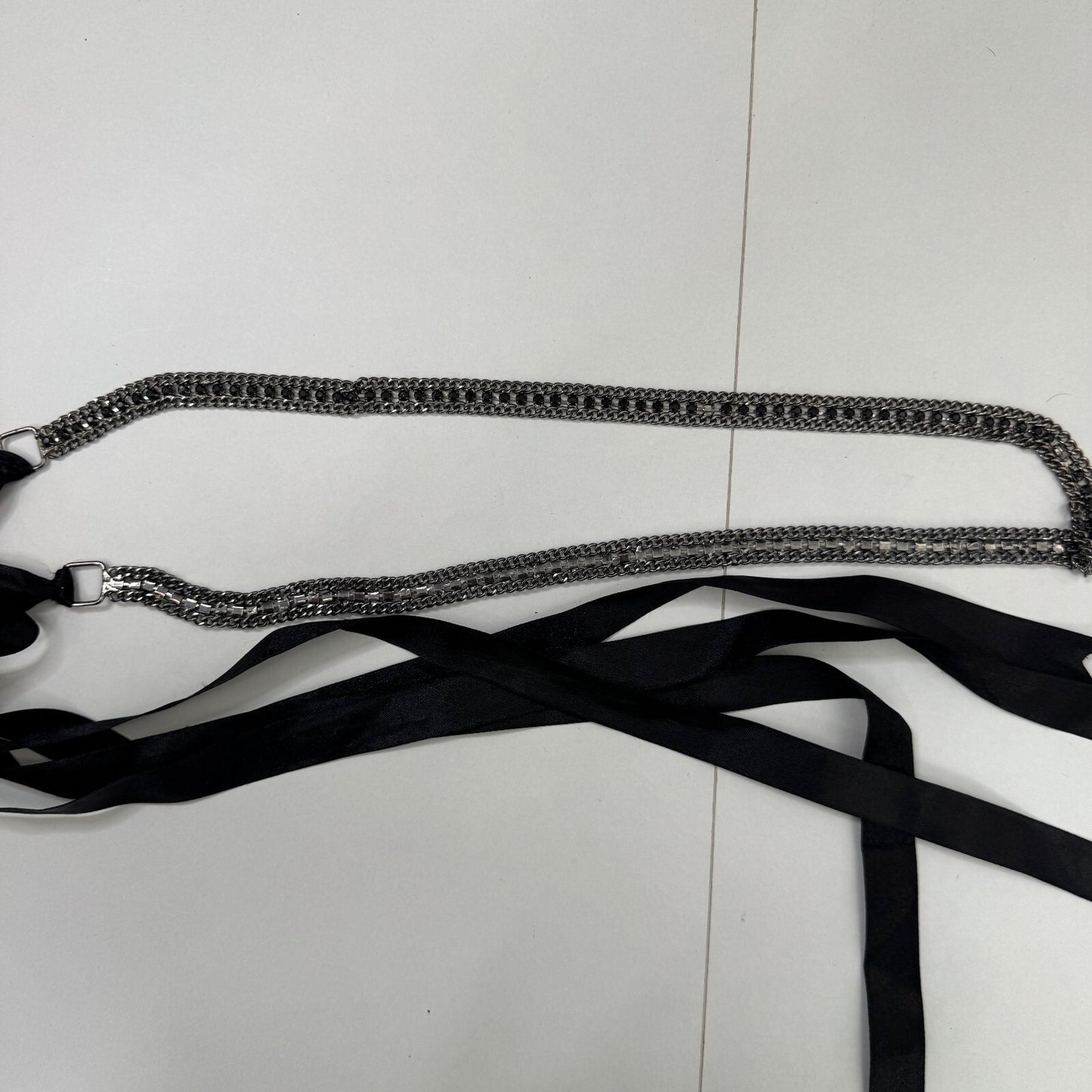 Y2K vintage belt chain ribbon bow rhinestones adjustable skinny thin