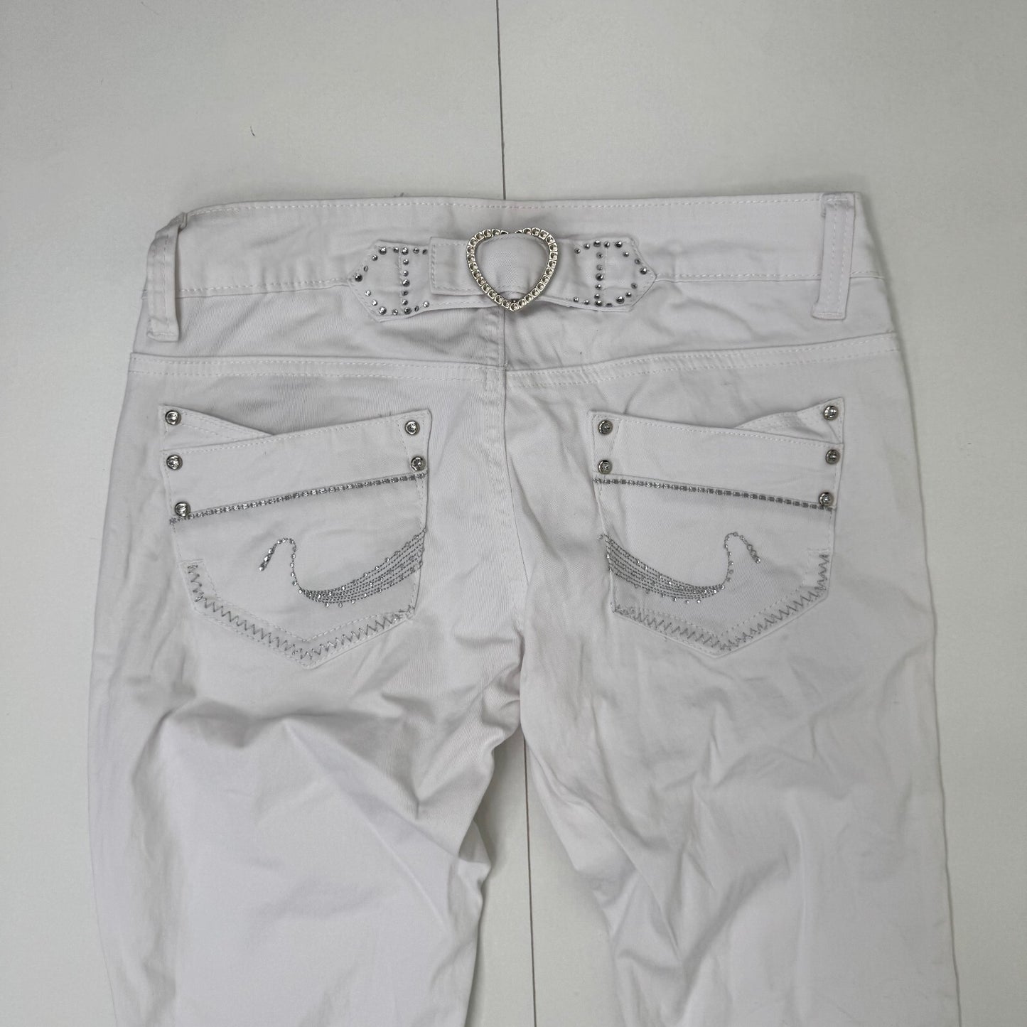 Y2K vintage low rise denim jeans straight leg rhinestone buckle stretchy