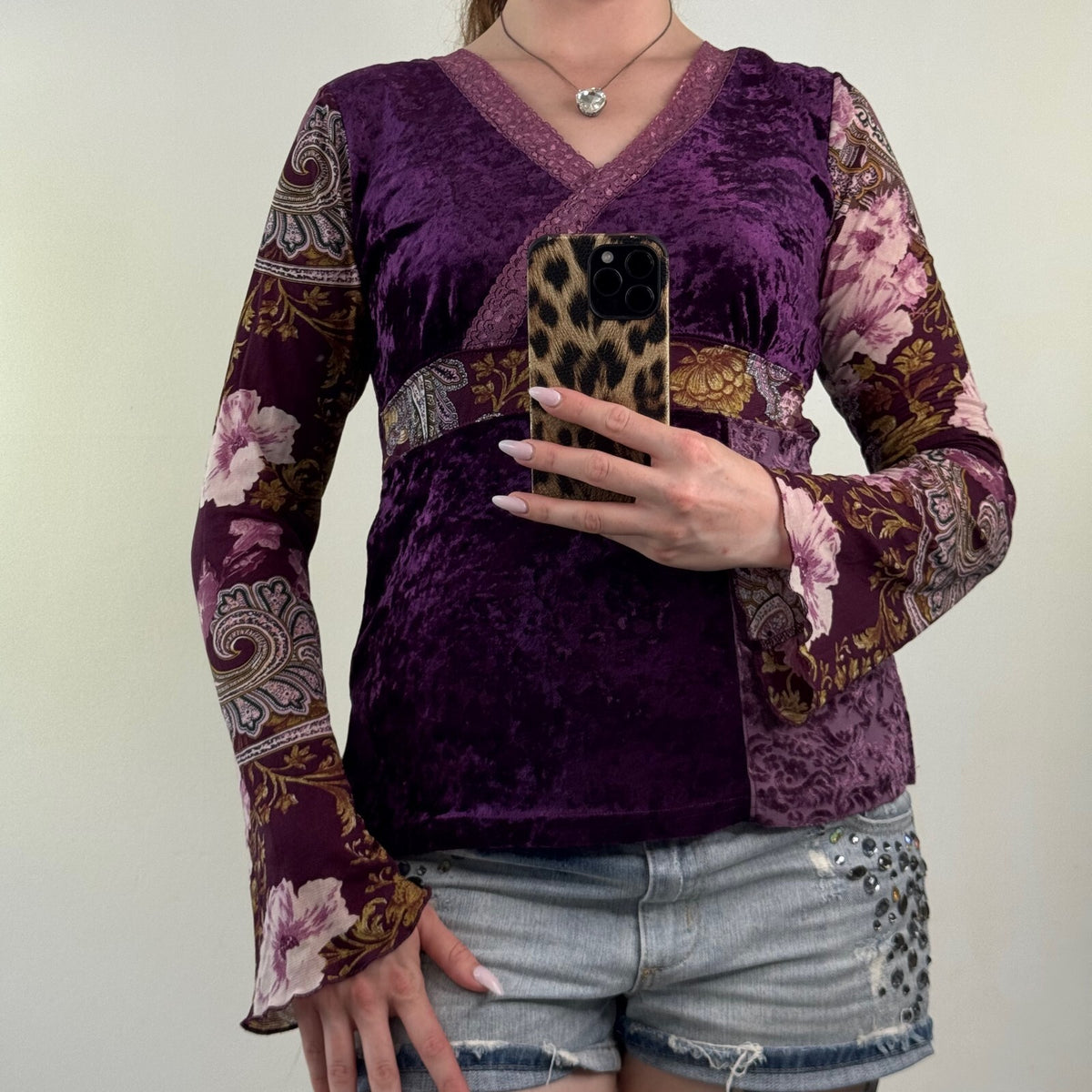 Y2K vintage flare sleeve top boho patchwork lace trim v neck velvet mesh paisley