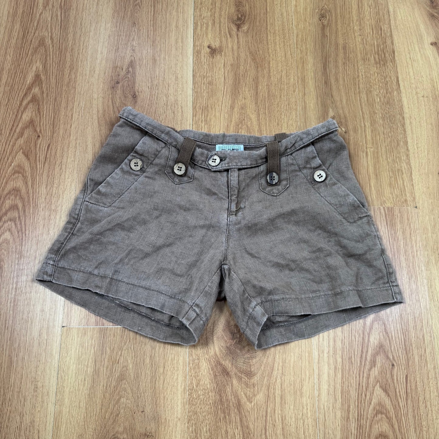 Y2K vintage 100% linen mini shorts buttons chino side pockets brown lightweight