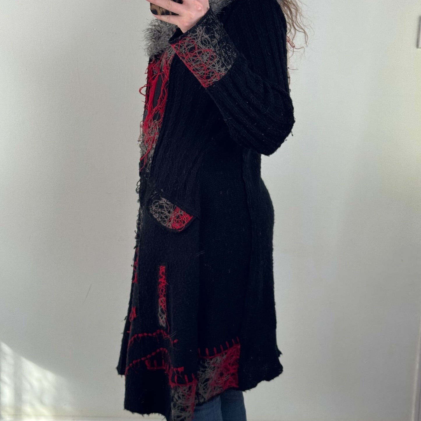 Y2K vintage cardigan wool blend chunky knit faux fur trim collar long floral