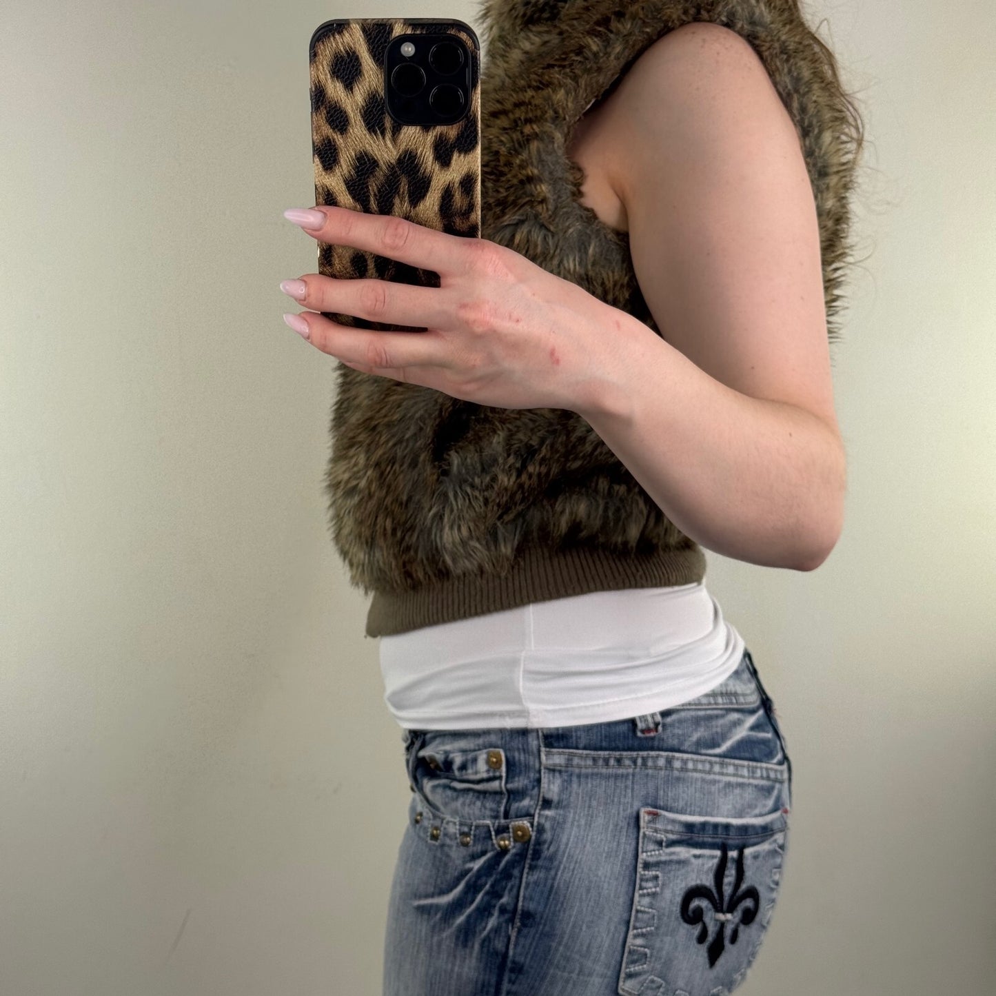 Y2K vintage faux fur gilet short bodywarmer zip up high neck suede trim brown