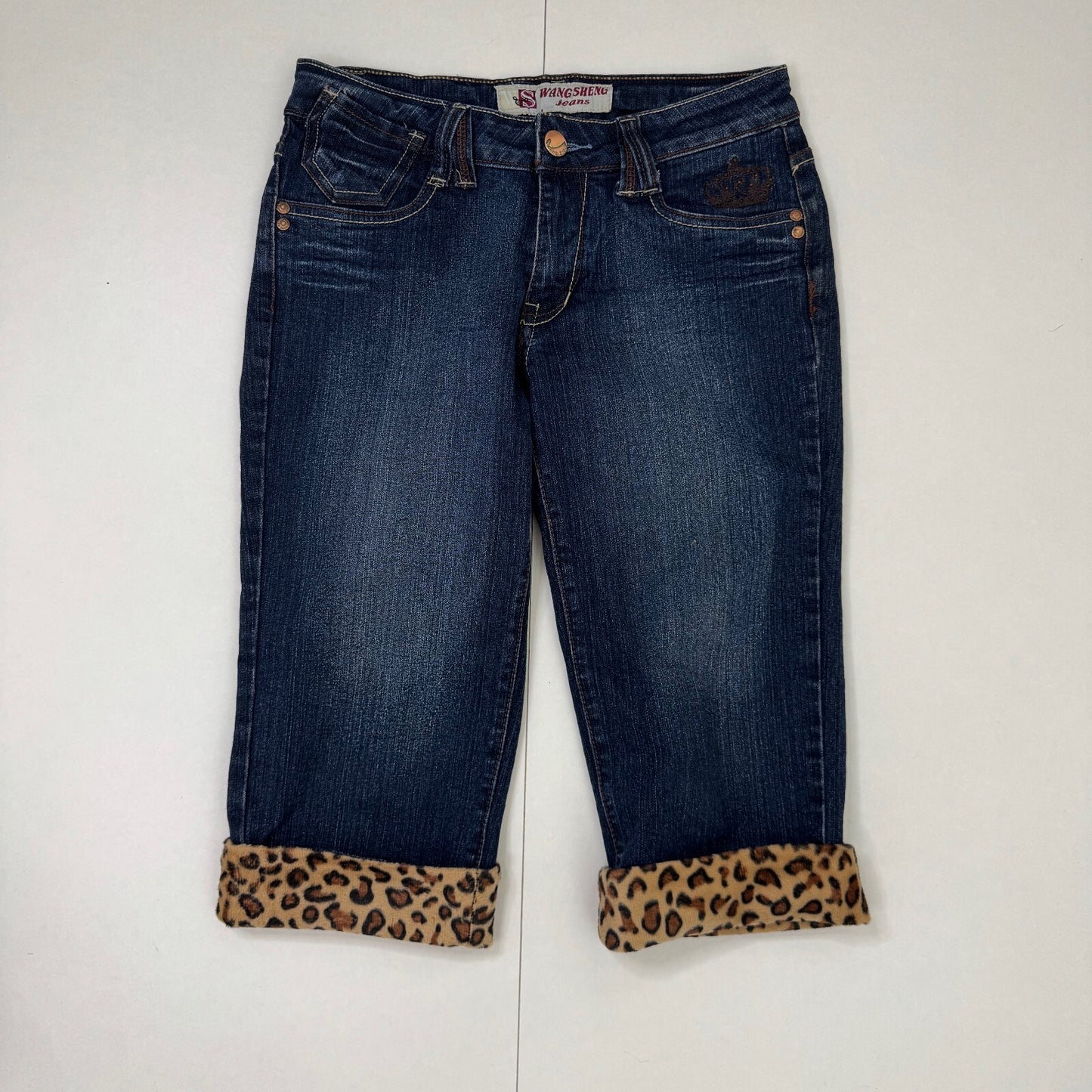 Y2K vintage capri jeans denim low rise cropped crown embroidery leopard print