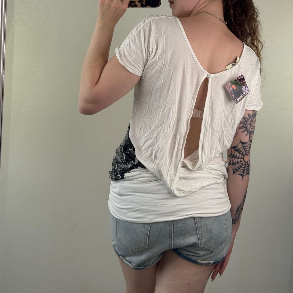 Y2K vintage t-shirt short sleeve top slouchy open back butterfly print ruched