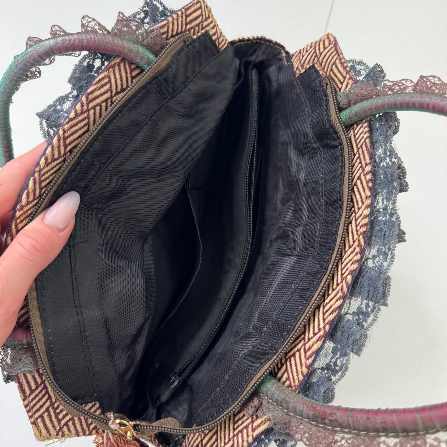 Y2K vintage small handbag coquette lace floral patchwork tapestry ribbon boho