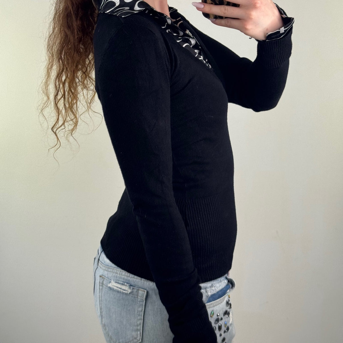 Y2K vintage Jane Norman long sleeve top fine knit collared fitted built in shirt