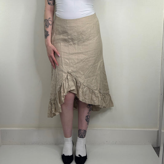 Y2K vintage 100% linen midi skirt asymmetrical hem ruffle button cream
