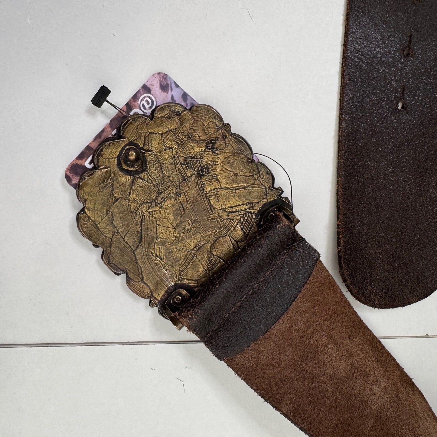 Y2K vintage genuine leather belt chunky rhinestone buckle red brown boho