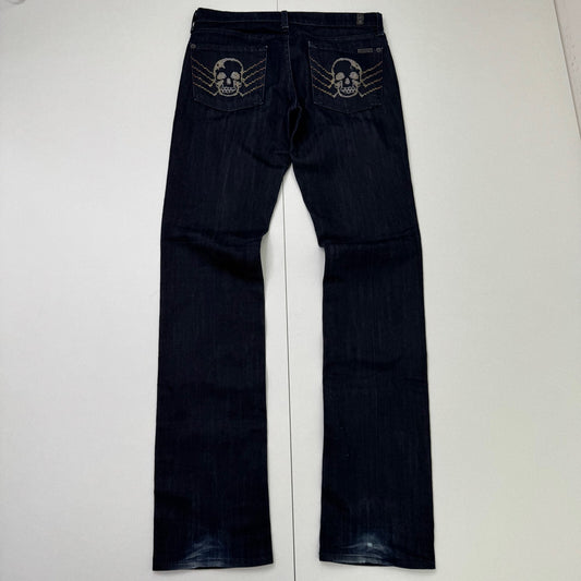 Y2K vintage low rise straight leg jeans dark blue denim skull embroidered