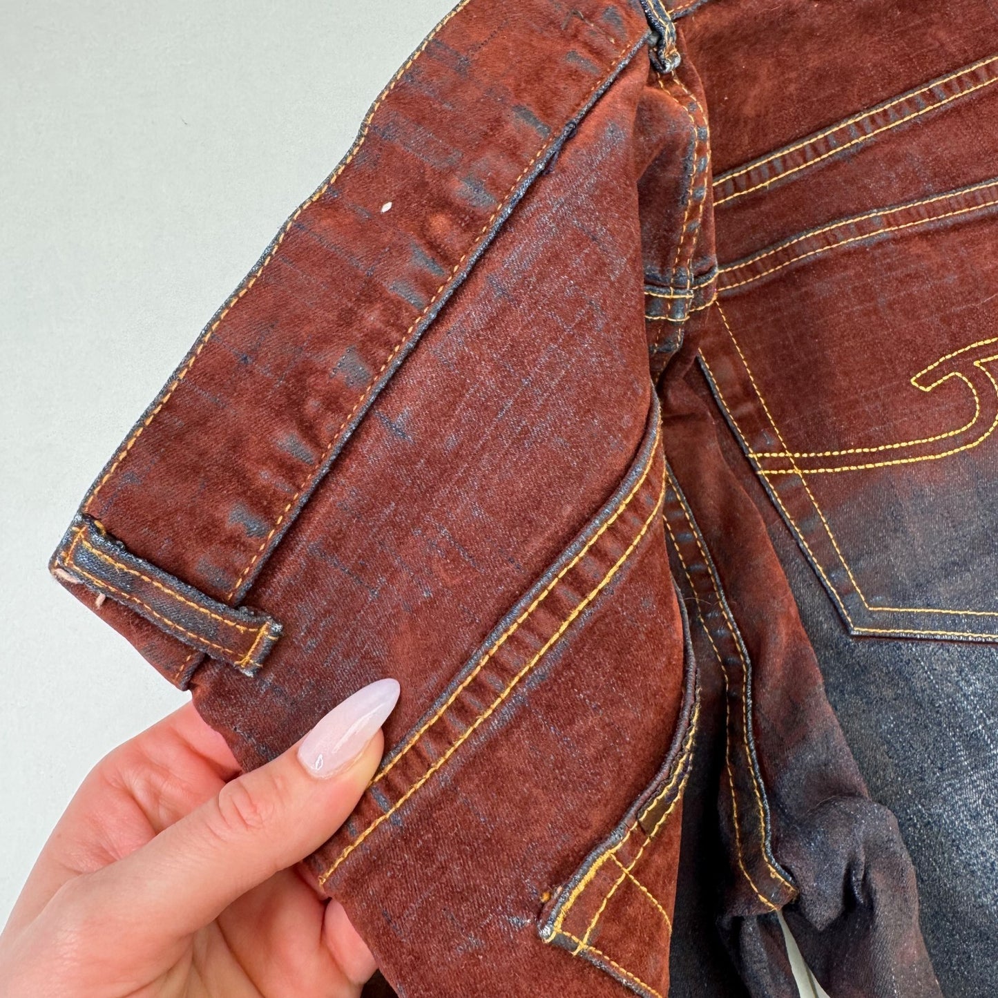 Y2K vintage faux suede jeans denim straight leg blue burgundy contrast stitch