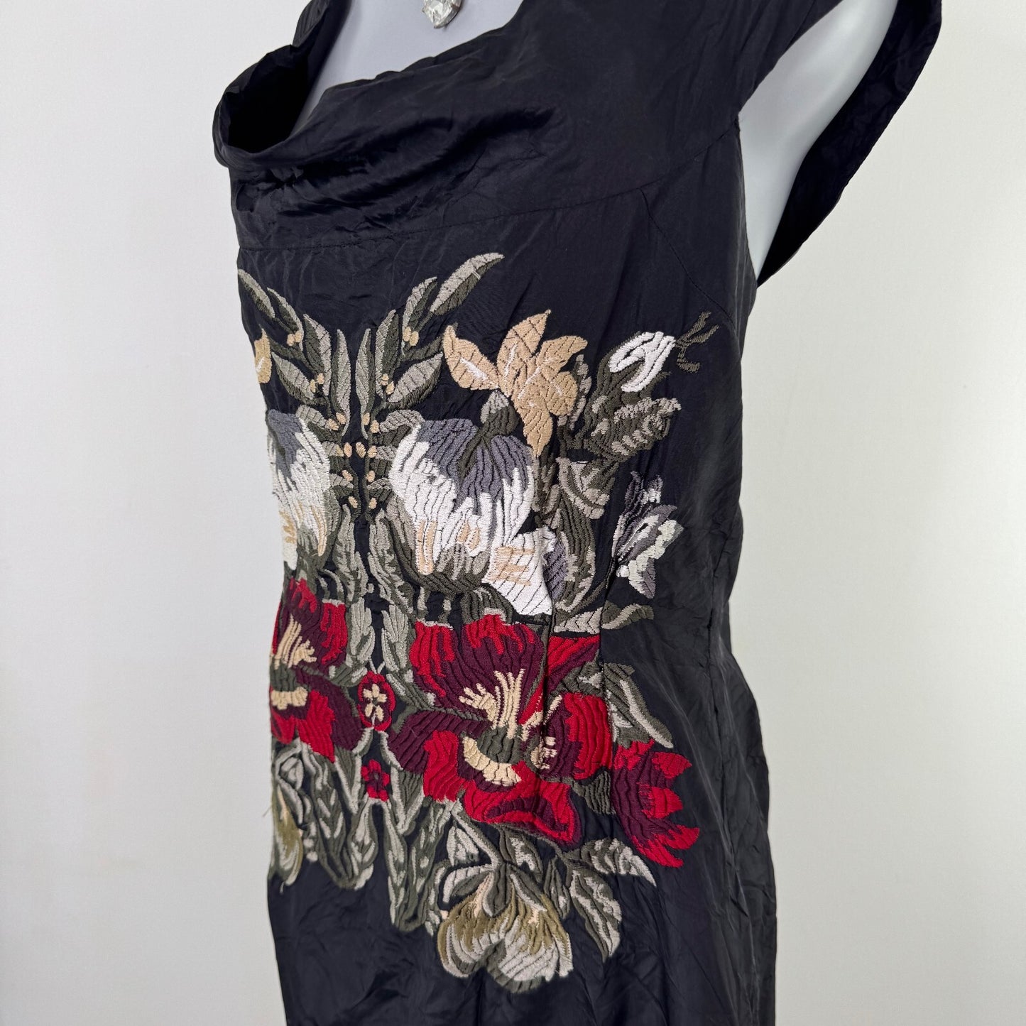 Vintage Nicole Farhi 100% silk midi dress embroidered floral cowl neckline