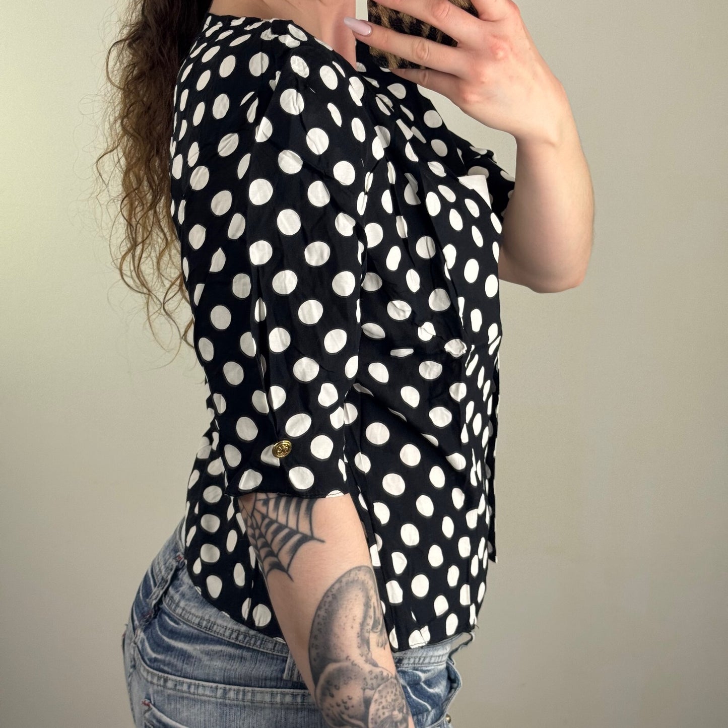 Vintage 80s blouse shoulder pads 3/4 sleeve polka dot shirt buttons tailored