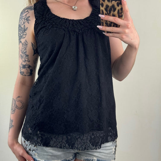 Y2K vintage lace tank top overlay floral pattern sleeveless ruched double layer