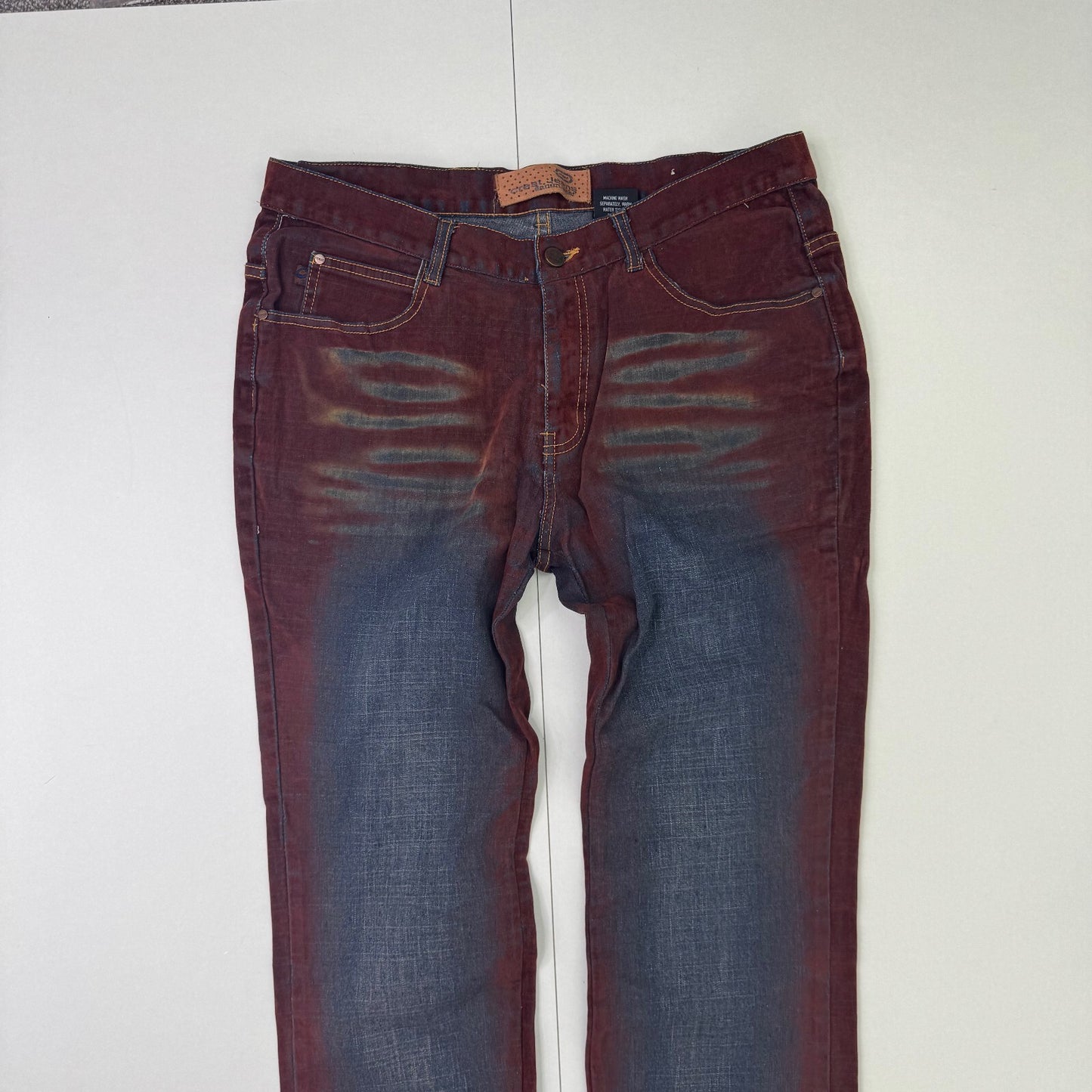 Y2K vintage faux suede jeans denim straight leg blue burgundy contrast stitch