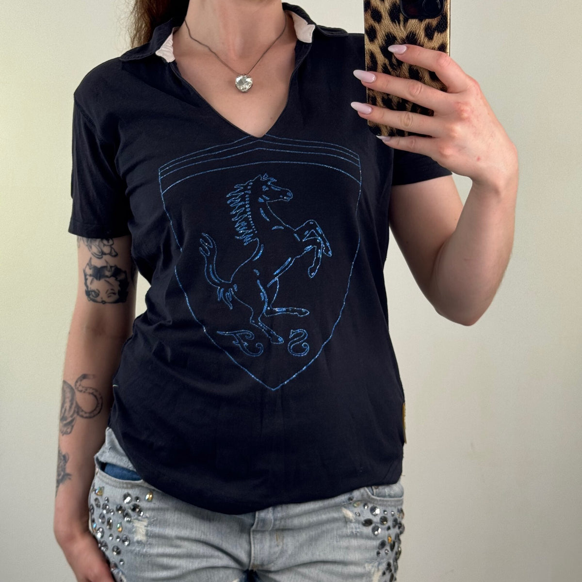 Y2K vintage Ferrari t-shirt short sleeve top graphic print sparkly v neck collar