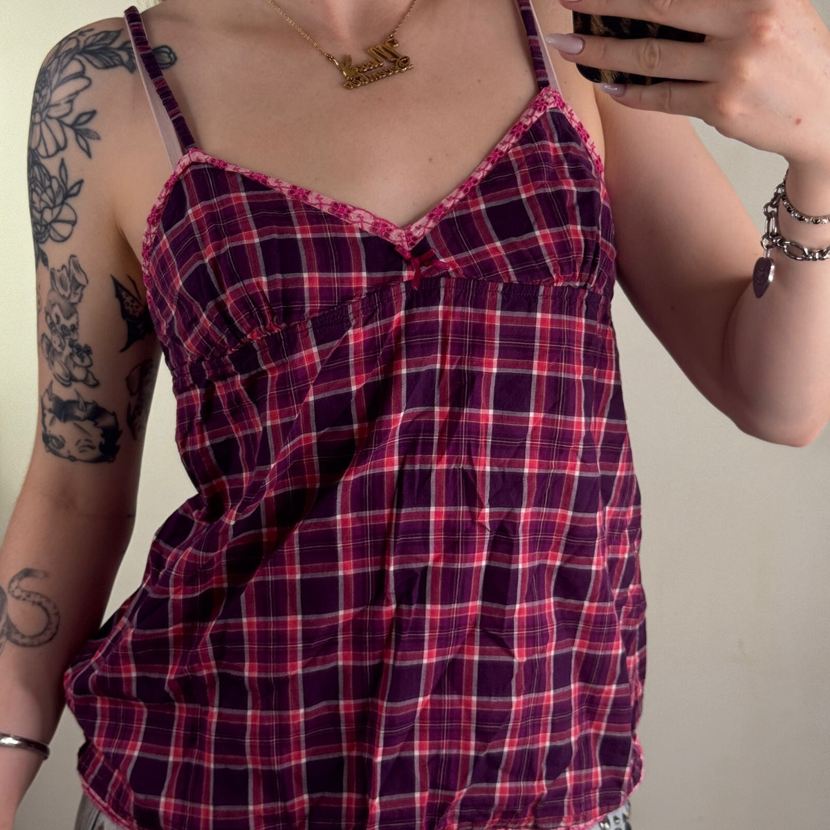 Y2K vintage Jack Wills cami top tartan print purple pink v neck bow babydoll