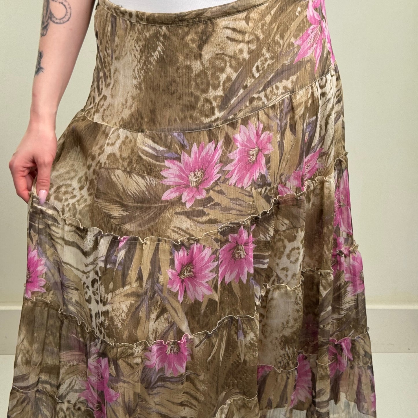 Y2K vintage maxi skirt a line lined floral leopard print tiered boho summer
