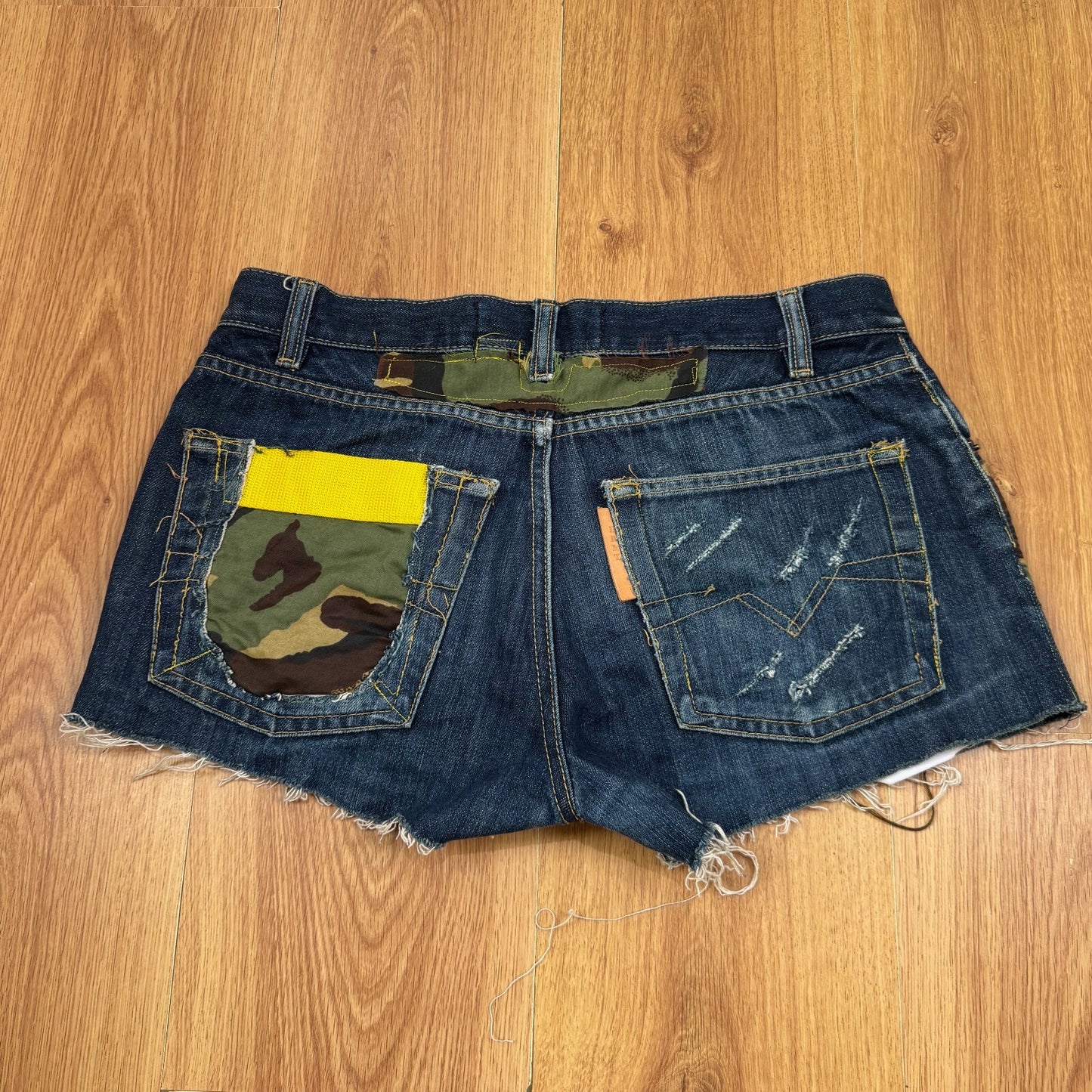 Y2K vintage denim mini shorts cam mid rise patchwork distressed fraying hem