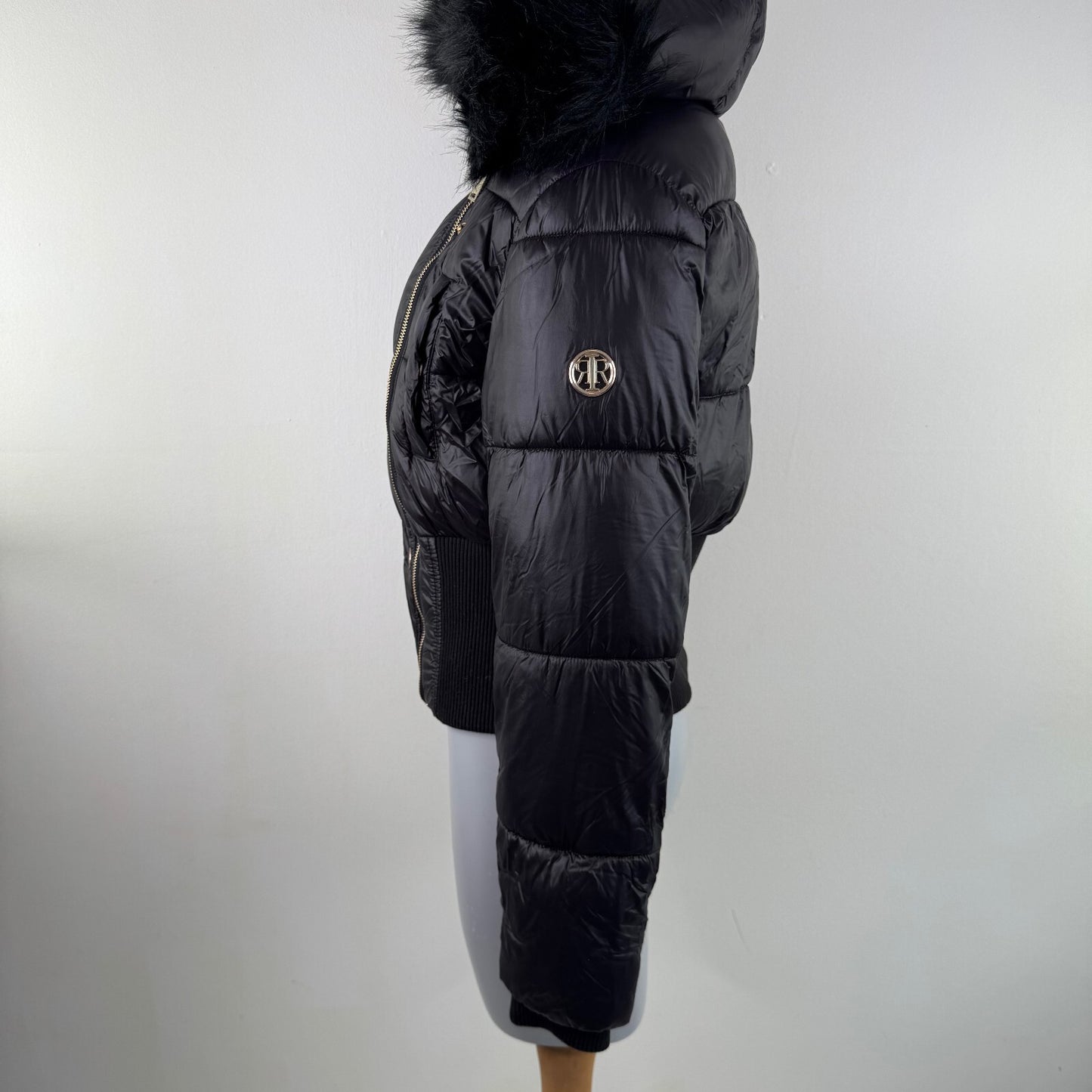 Vintage asymmetrical zip up bomber jacket faux fur trim mcbling cinch fitted
