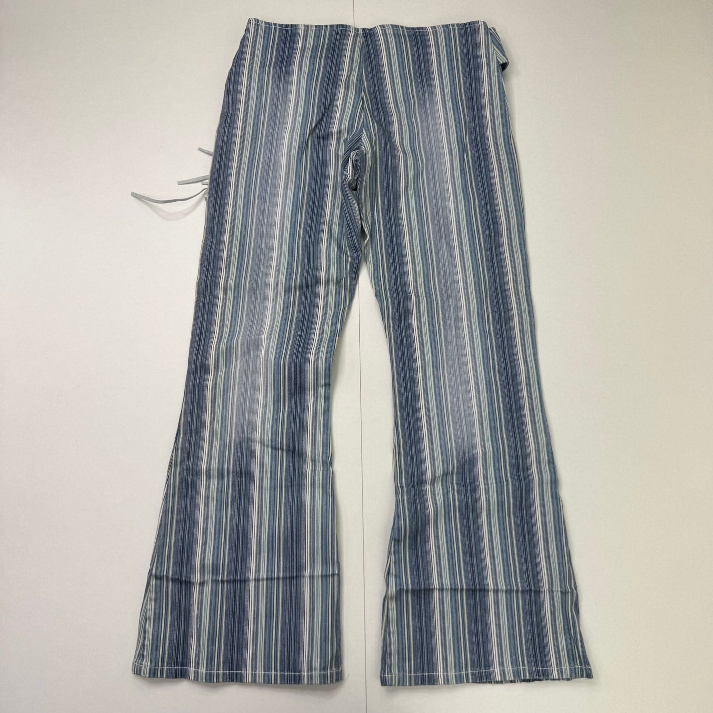 Y2K vintage tailored bootcut trousers pinstripe belt fringe blue stretchy