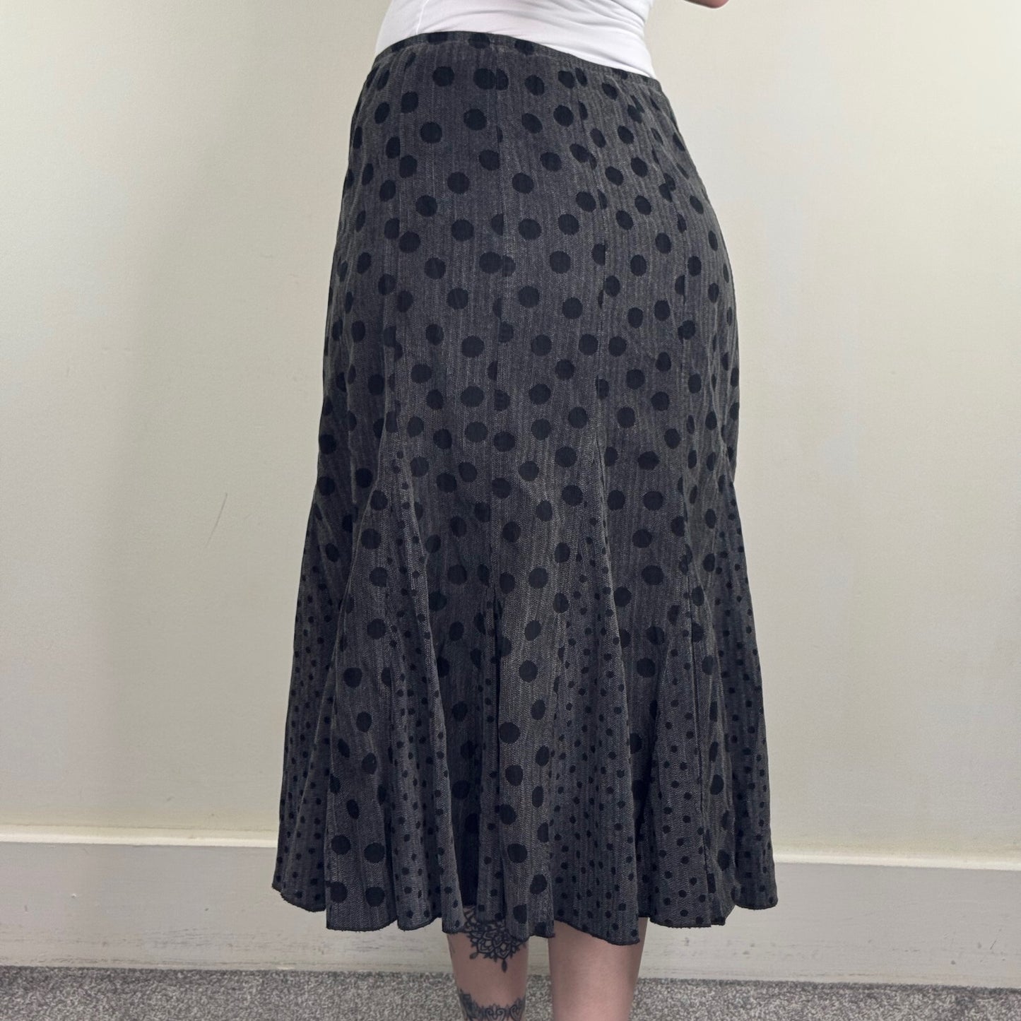 Y2K vintage Per Una maxi skirt polka dot cotton a line gathered grey black