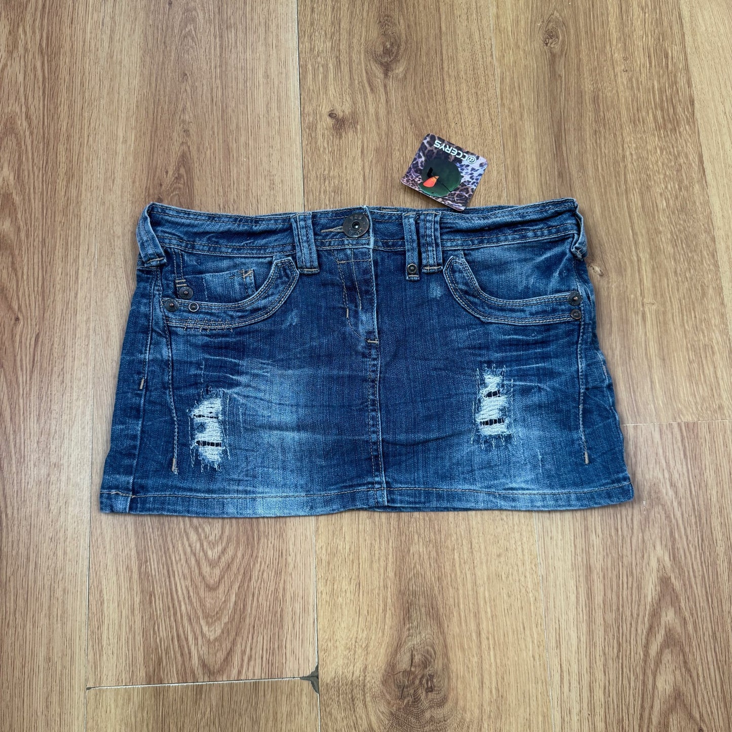 Y2K vintage mini skirt distressed low rise embroidered faded mid wash stretchy