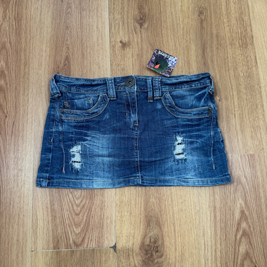 Y2K vintage mini skirt distressed low rise embroidered faded mid wash stretchy