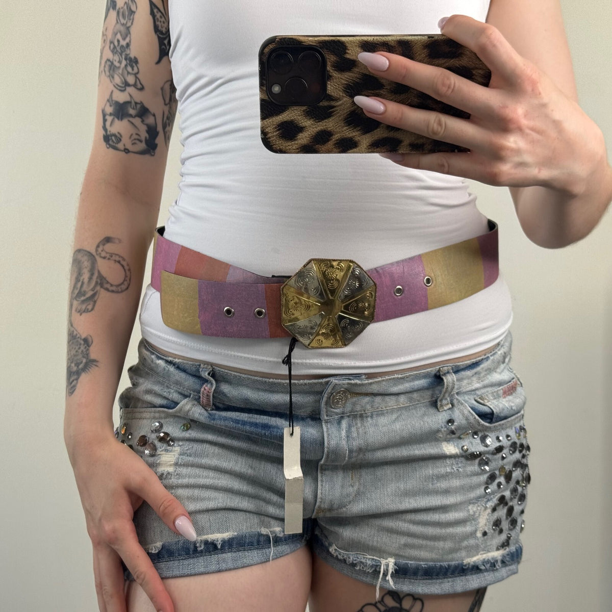 Y2K vintage belt boho colourful rainbow embossed circle hexagon disc