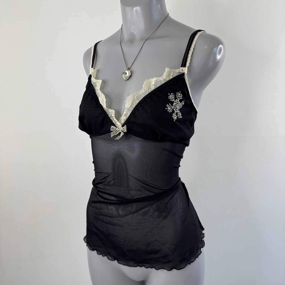 Y2K vintage cami top mesh snowflake sequin lace trim bow sheer winter christmas