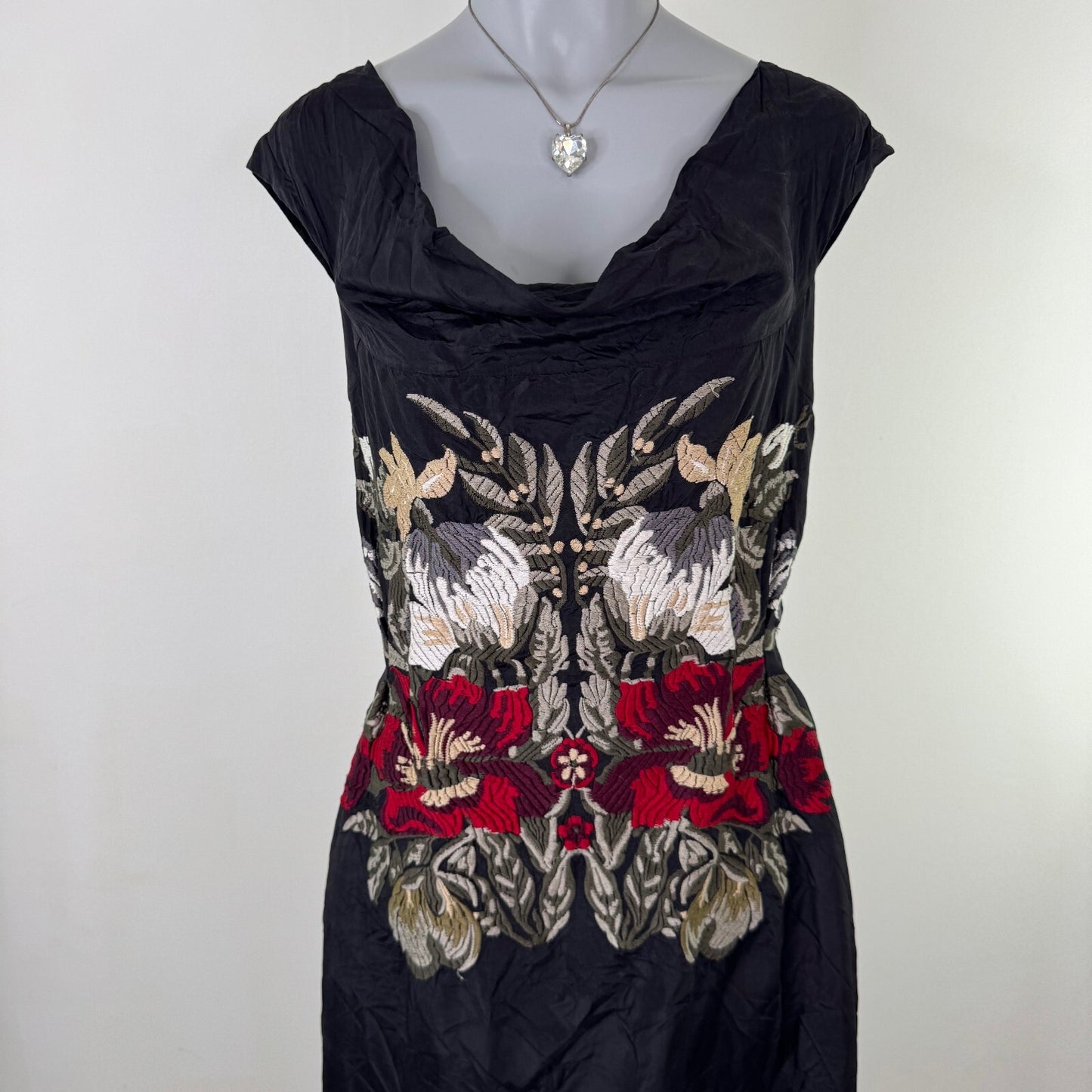 Vintage Nicole Farhi 100% silk midi dress embroidered floral cowl neckline
